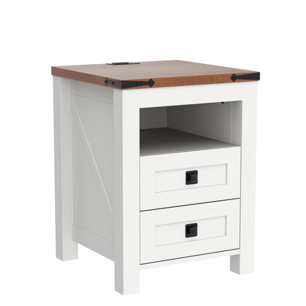 Antique White Rustic Wood Nightstand with Charging Station and 2 Drawers