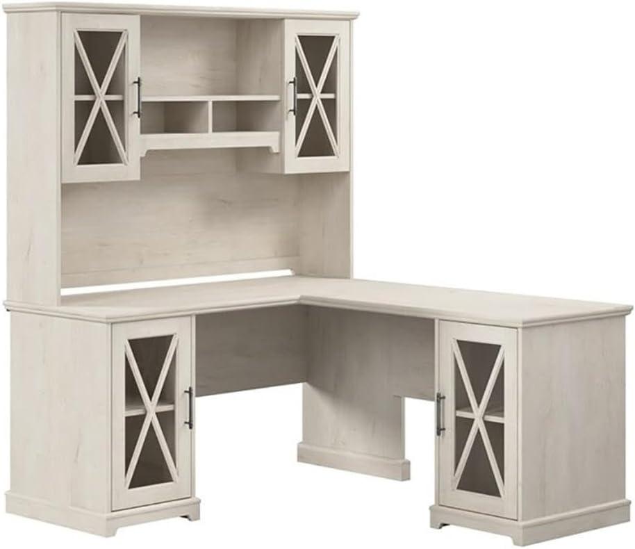 Linen White Oak L-Shaped Corner Desk with Hutch and Filing Cabinet