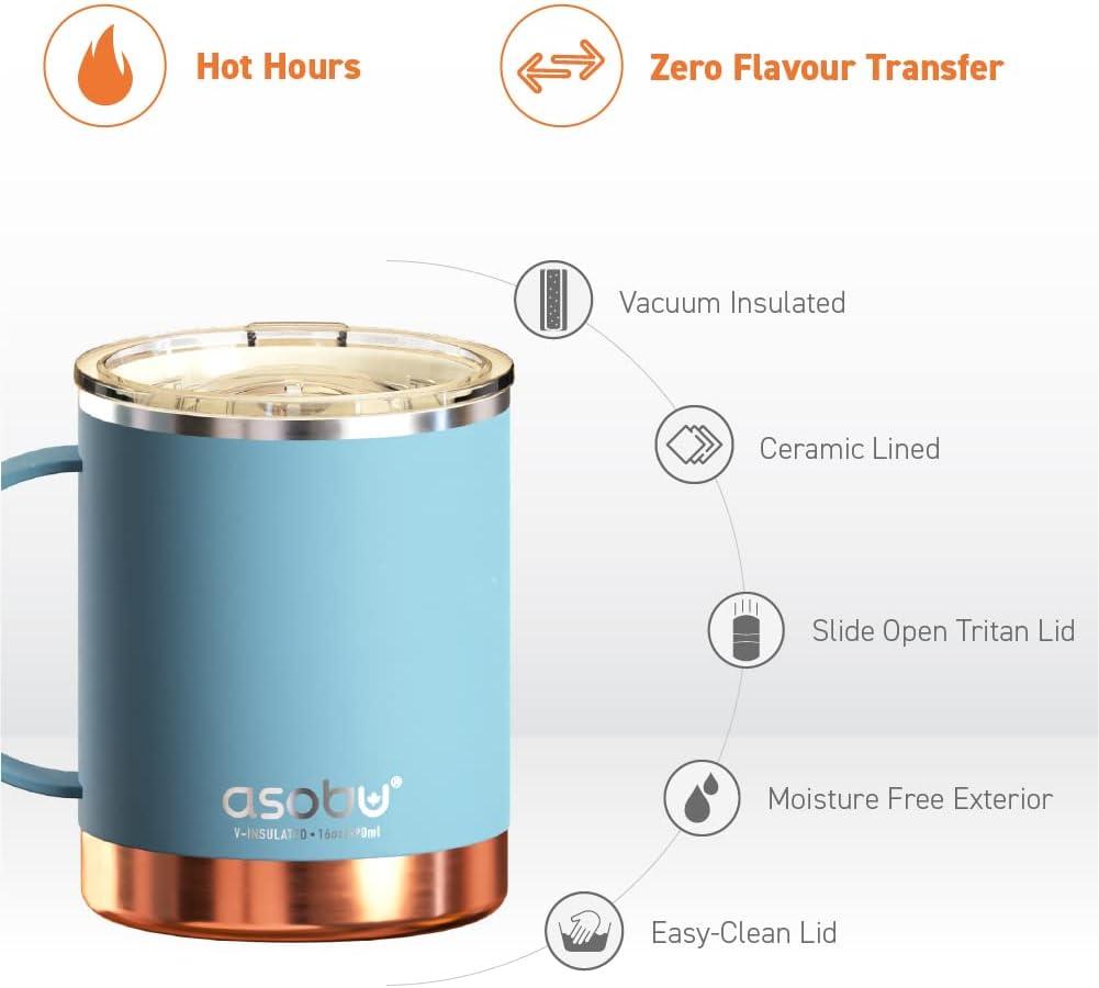 Asobu Ultimate Stainless Steel Ceramic Inner Coating Coffee Mug with Double Walled Copper Lining Insulation, 12 Ounces - (Pink)