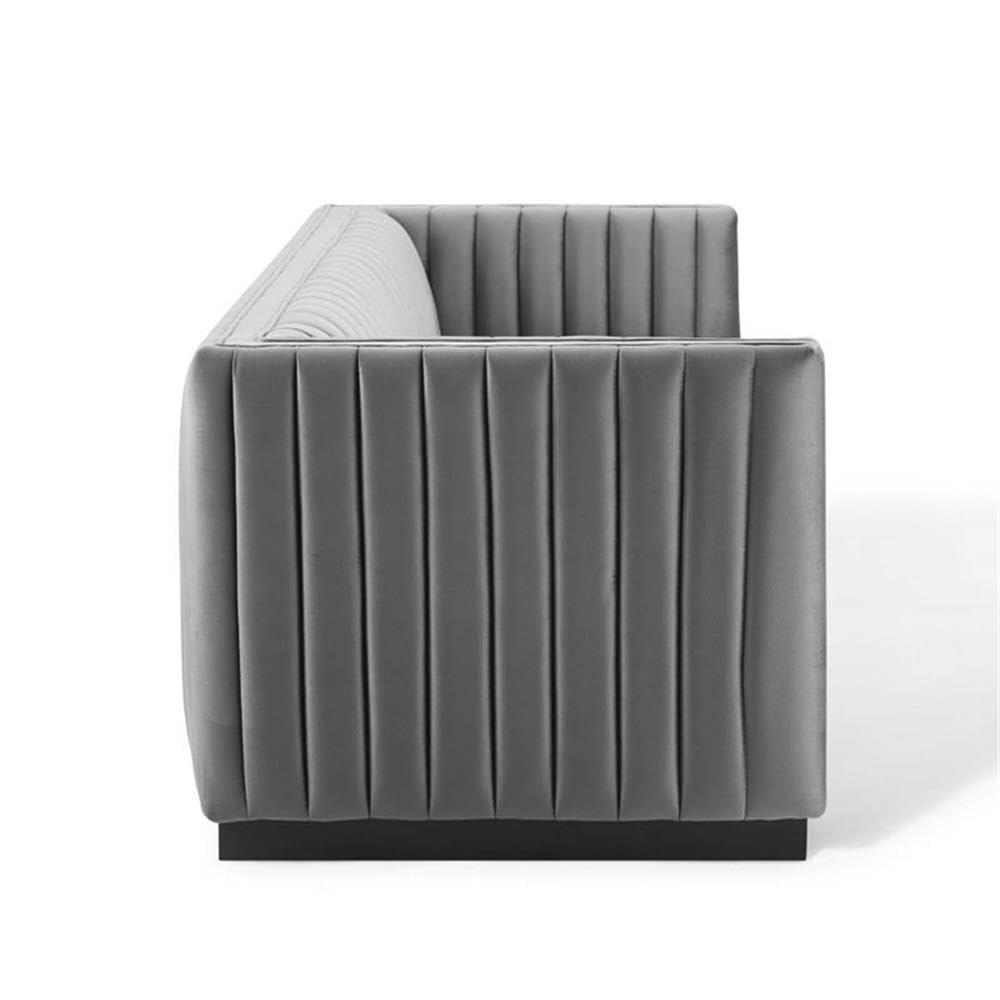 Gray Tufted Velvet Tuxedo Arm Sofa with Wood Base