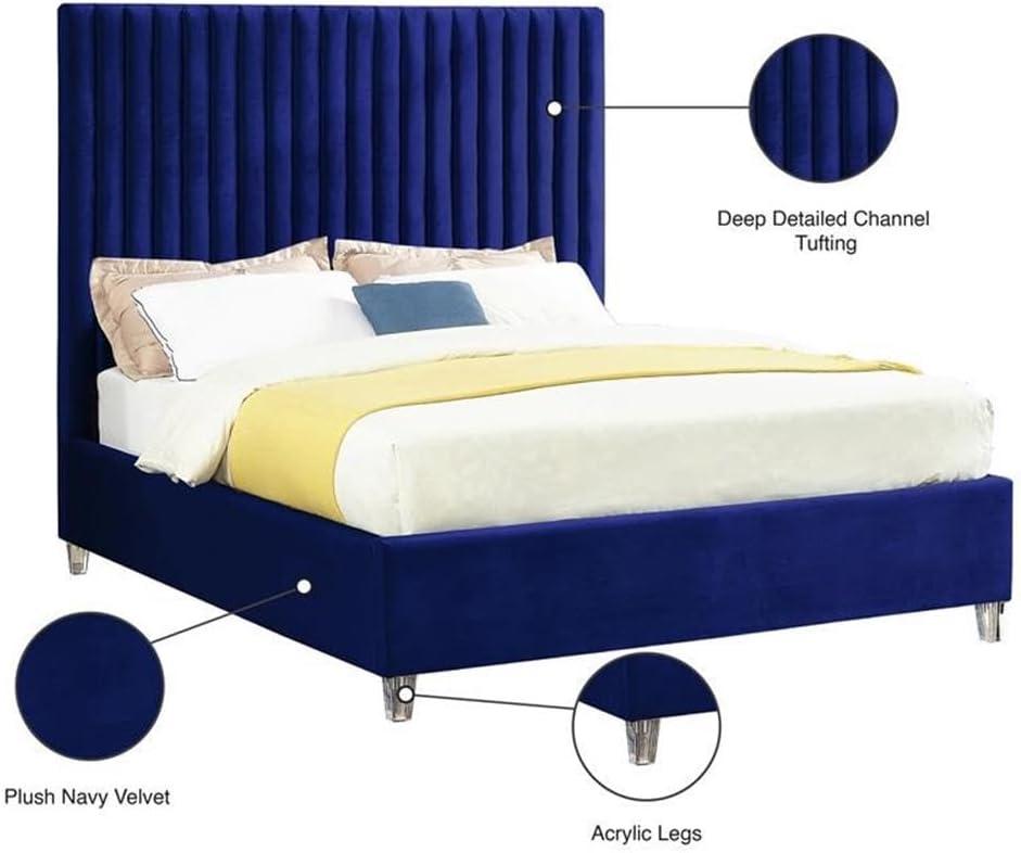 Candace Navy Velvet Queen Bed-Color:Navy Velvet,Style:Contemporary