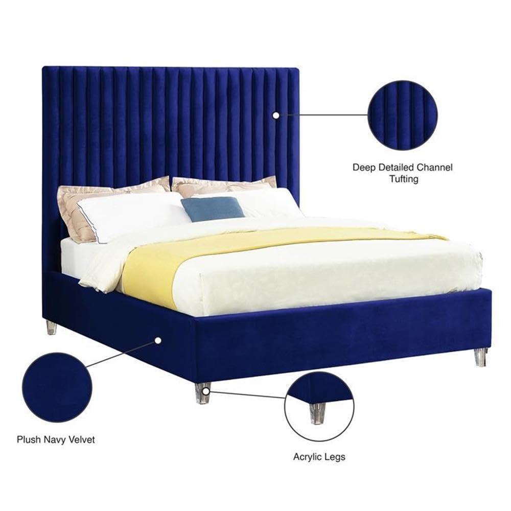 Meridian Furniture Candace Solid Wood Tufted Velvet King Bed in Navy