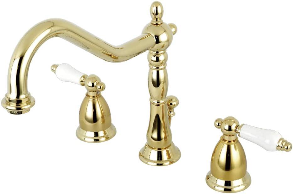 Kingston Brass Heritage Two-Handle 3-Hole Deck Mount Widespread Bathroom Faucet with Brass Pop-Up Drain