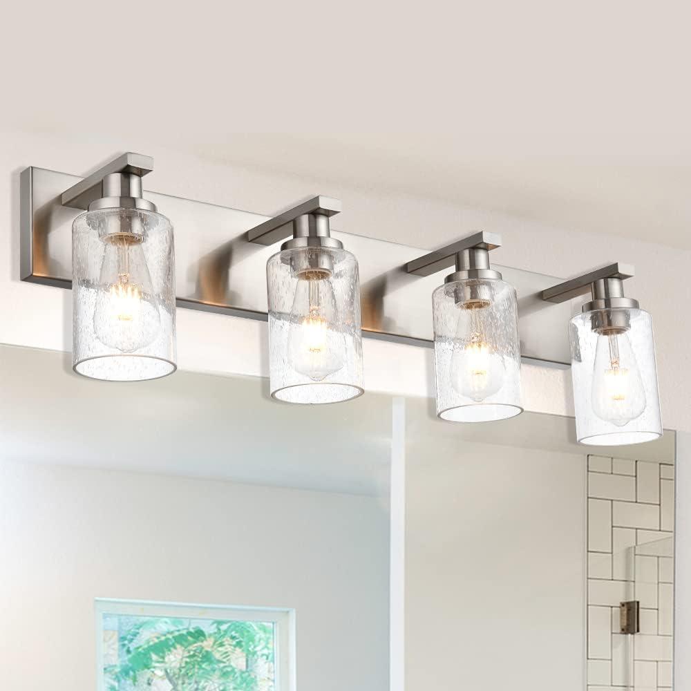 Melucee Brushed Nickel Industrial Bathroom Vanity Light Fixtures Over Mirror Seeded Glass 4 Lights Vintage Vanity Lights Farmhouse Bath Lighting