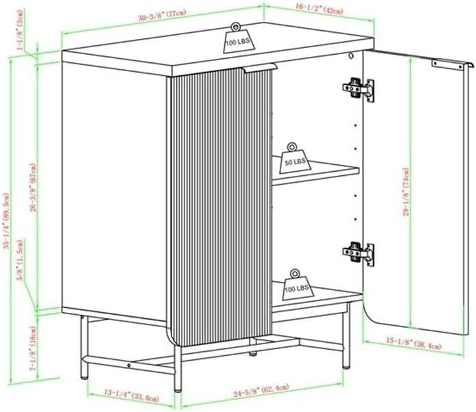 32" Dark Walnut and Gold Fluted Door Accent Cabinet