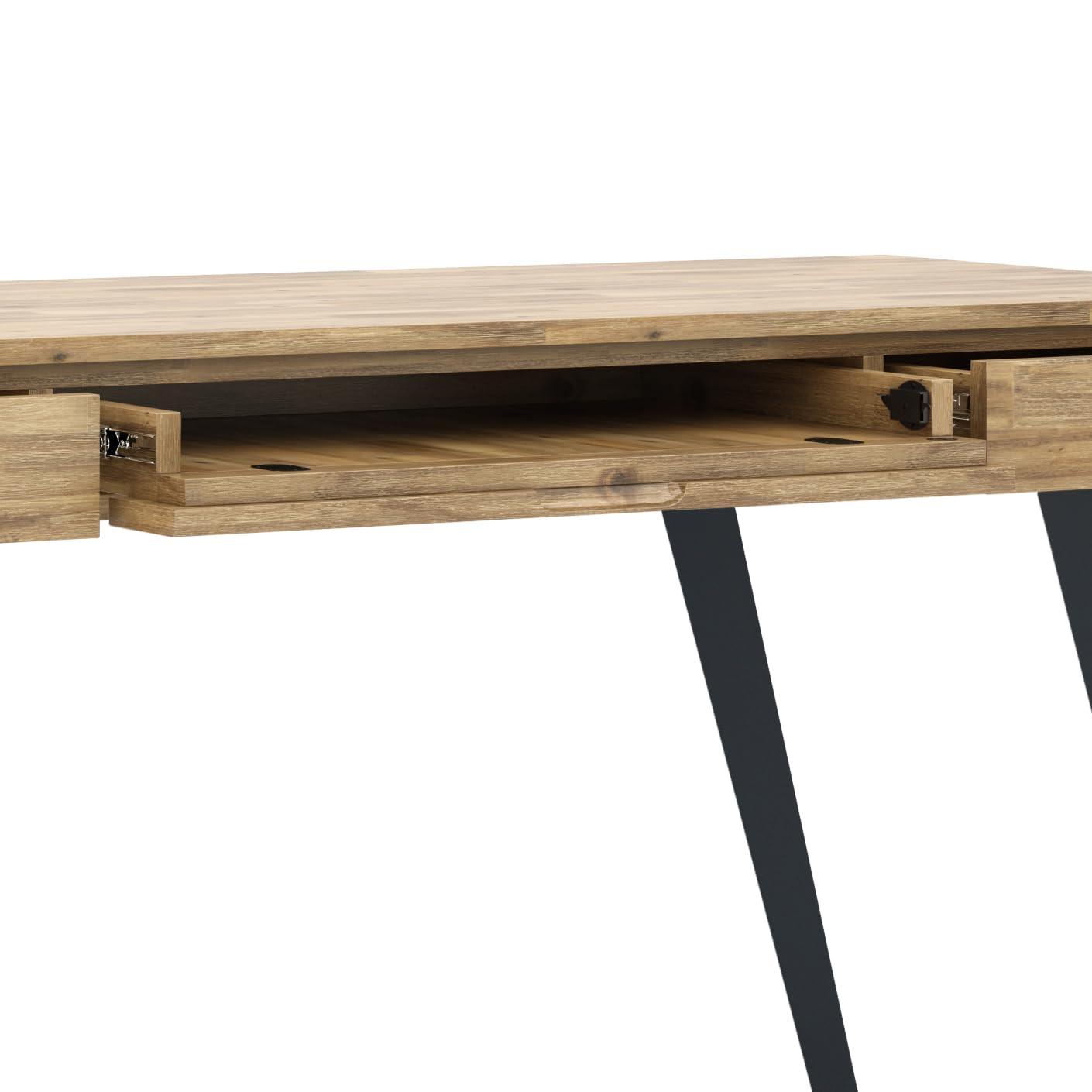 Simpli Home Lowry Solid Acacia Wood Desk, Industrial Style with Keyboard Tray and 2 Drawers