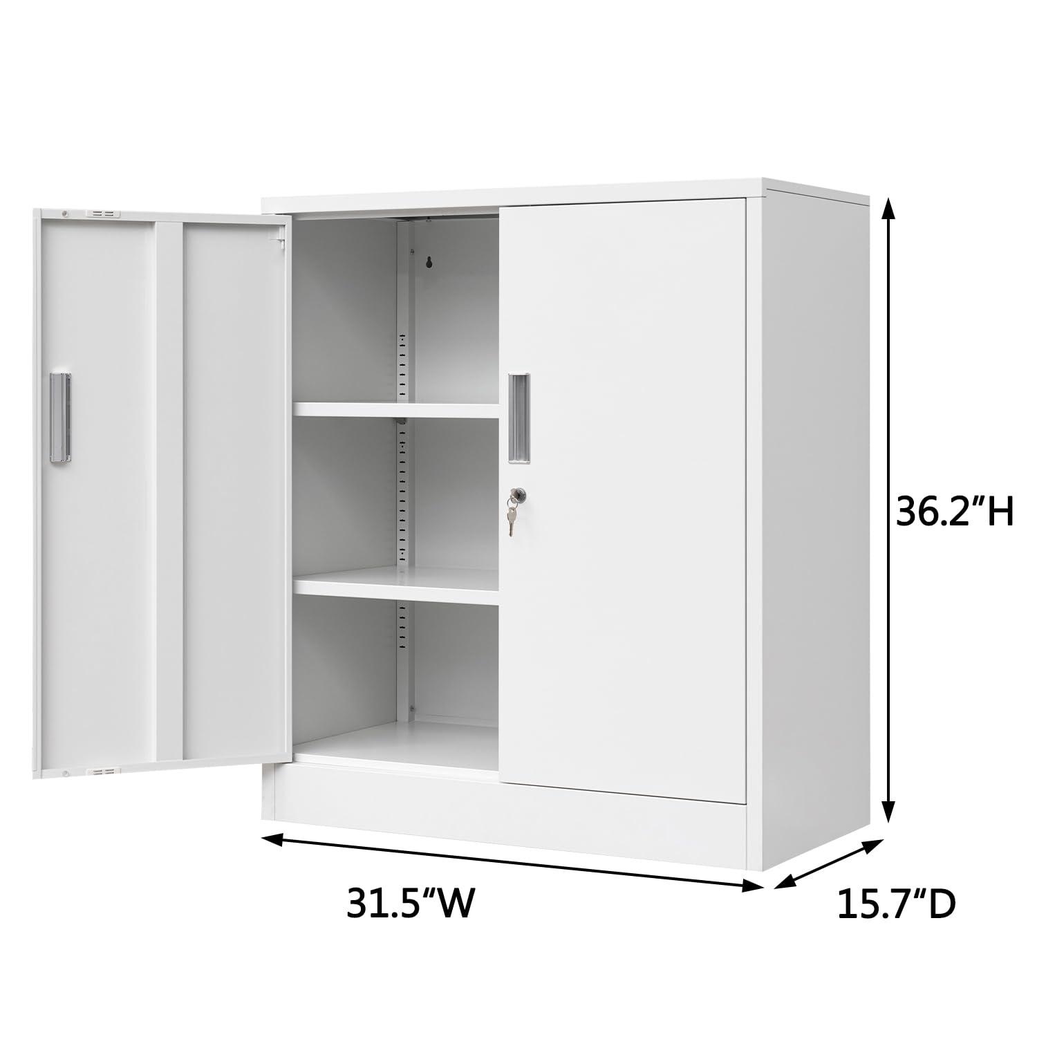 Metal Storage Cabinets with Shelves and Doors, Sideboard Buffet Cabinet for Kitchen, Entryway, Living Room, Home Office, Garage, Utility Room and Basement, 36.2" H x 31.5" W x 15.7" D (White)