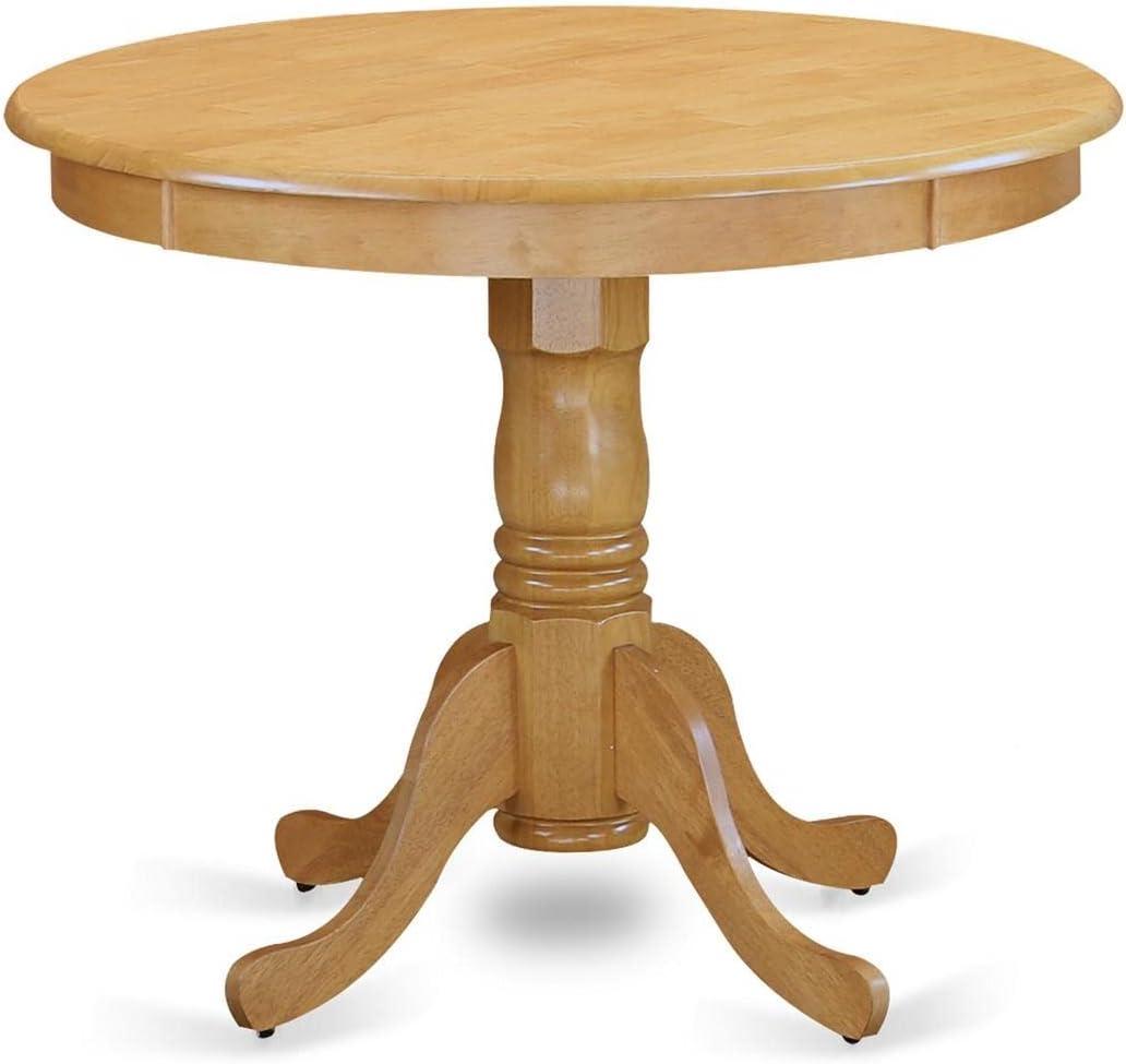 Oak Finish Round Dining Table with Linen Upholstered Chairs