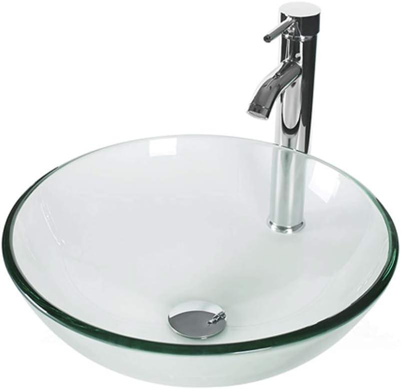 Eclife 16.5" Bathroom Vessel Sink Tempered Glass Round Basin Countertop Bowl Sink with Faucet Pop up Drain Clear