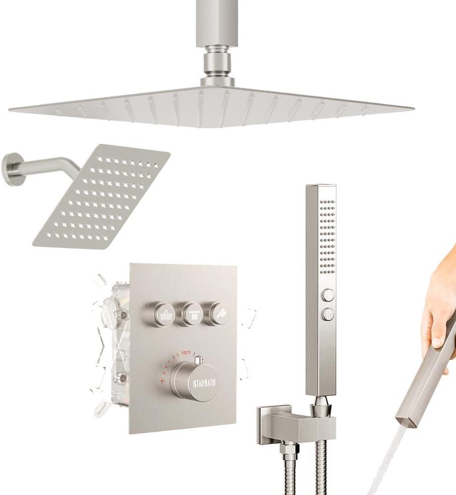 Revitalize 3-Function 12 Inch Wall Mount Rainfall Thermostatic Shower System with 6 Body Jets
