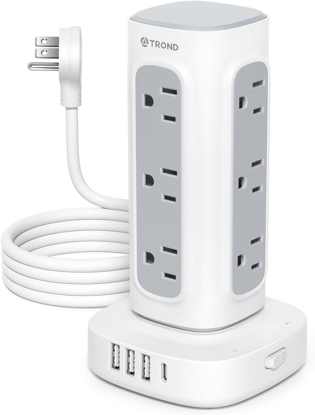 White Surge Protector Power Strip Tower with USB Ports