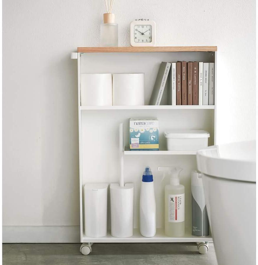 Slim White Wood Adjustable Rolling Bathroom Storage Cart