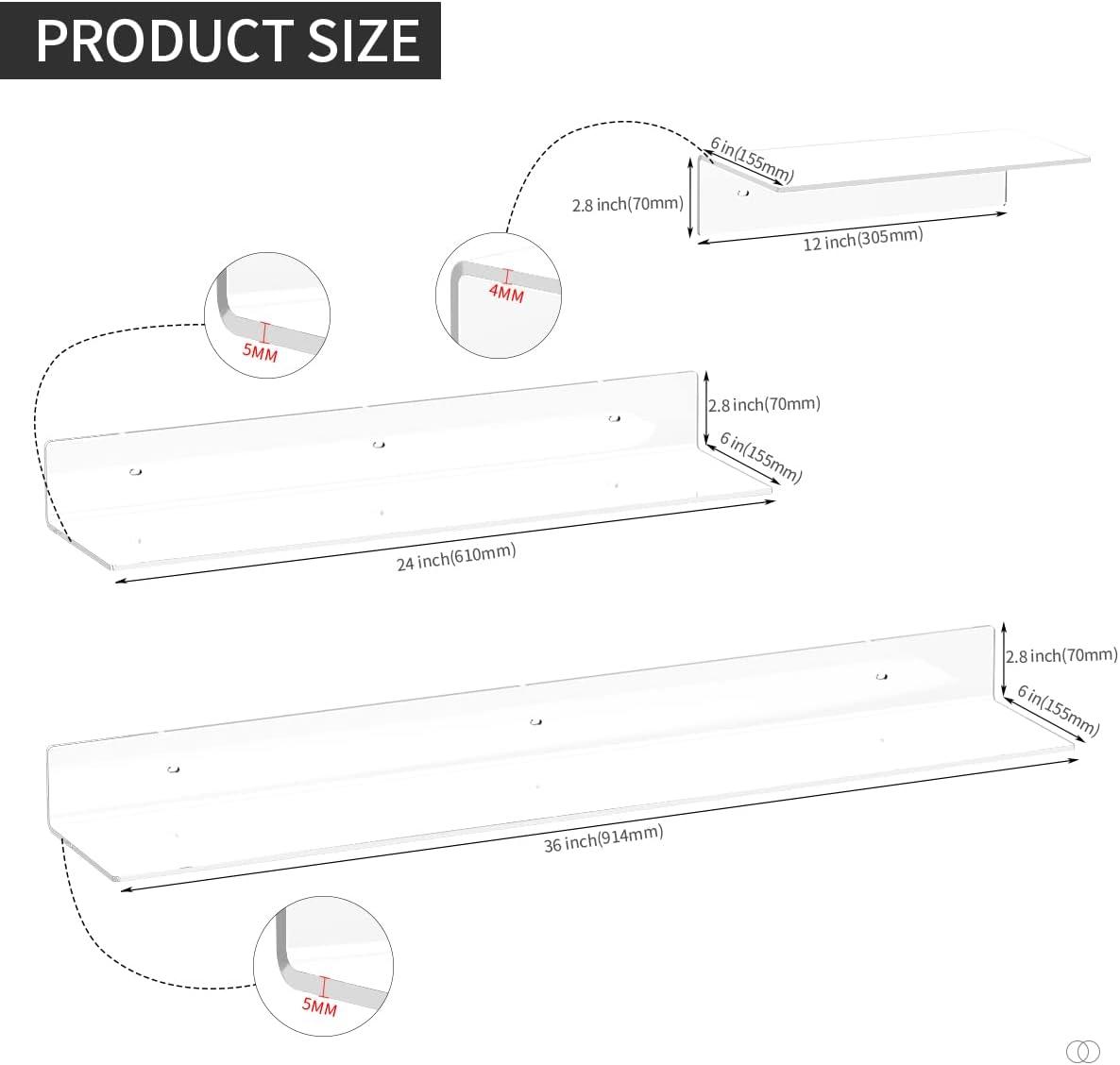 Acrylic Wall Shelves 36 24 12 Inches, Clear Floating Shelf for Wall, Wall Mounted Display Shelves for Plants, Radio, Funko Pop, Stuffed Animal, Books, Clock, Cosmetics, Toiletries