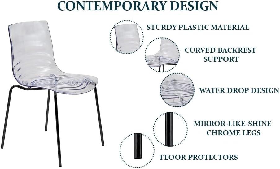 LeisureMod Astor Acrylic Dining Chair - Water Ripple Design & Chrome Finish Metal Legs, Stackable Accent Side Chair