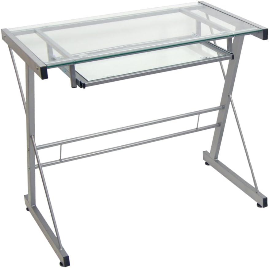 Silver Glass and Metal Computer Desk with Keyboard Tray