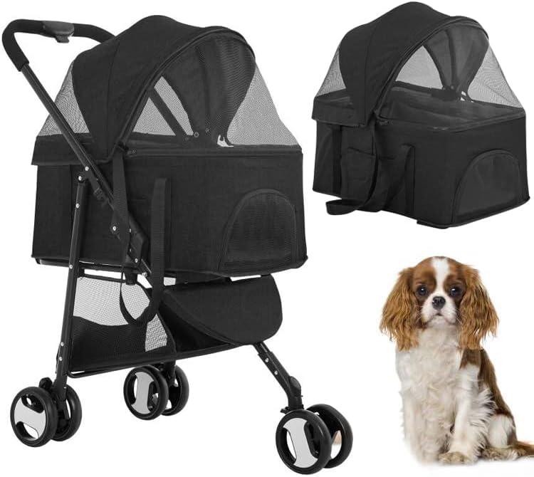 Black Linen and Stainless Steel Pet Stroller with Detachable Carrier