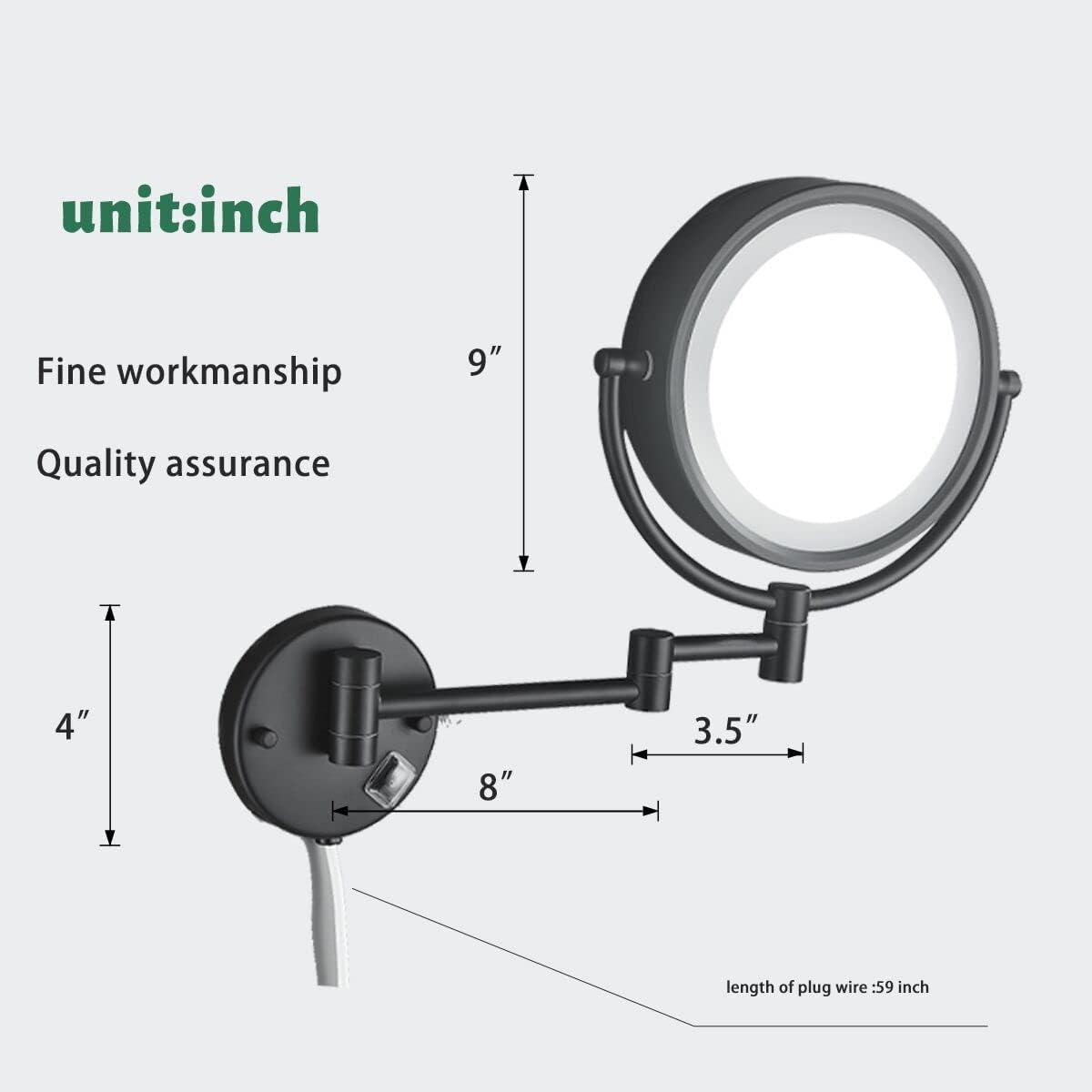 8.5 Inch Wall Makeup Mirror with 3 Tones LED Lights,Double Sided Vanity Mirror for Bathroom 10X Magnification,Plug Powered (Black/10X)