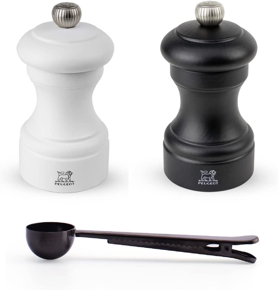Peugeot Bistro 4 Inch Salt & Pepper Mill Gift Set, Matte White & Black - With Stainless Steel Spice Scoop/Bag Clip