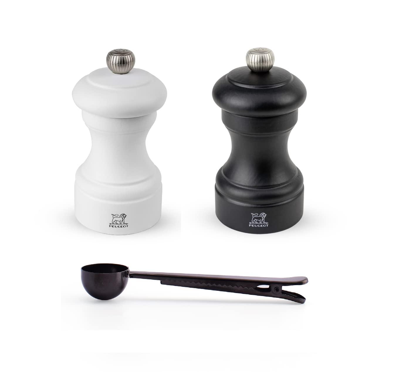Peugeot Bistro 4 Inch Salt & Pepper Mill Gift Set, Matte White & Black - With Stainless Steel Spice Scoop/Bag Clip