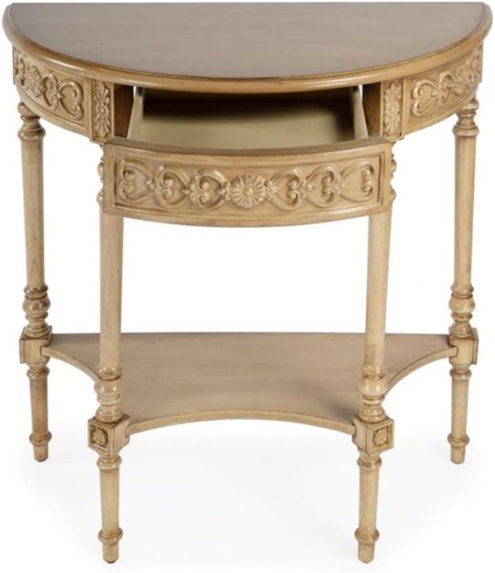 Antique Beige Wood Demilune Console Table with Storage