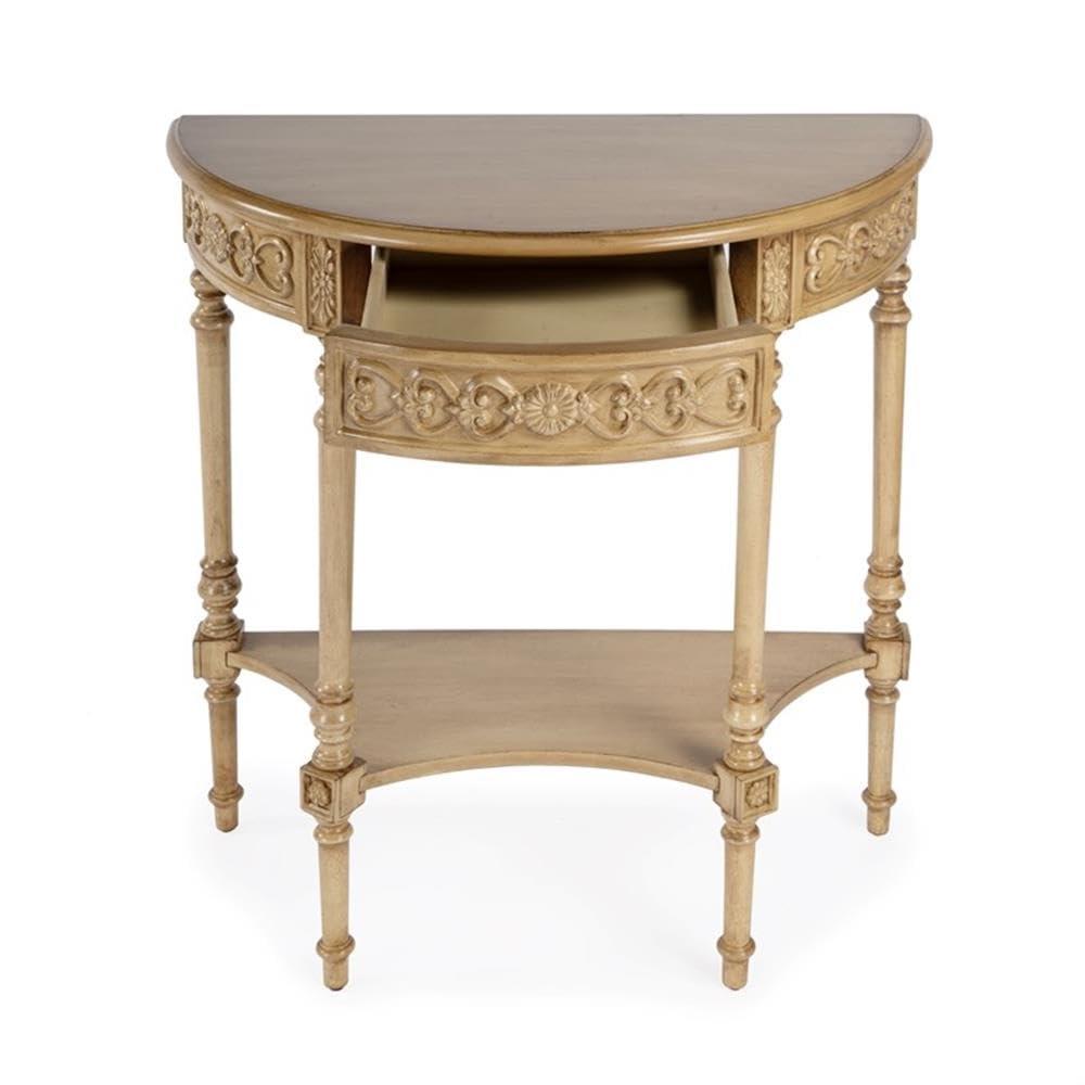 Antique Beige Wood Demilune Console Table with Storage