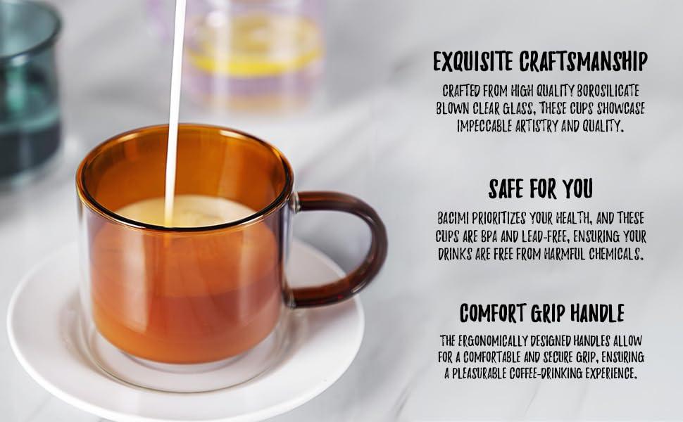 bacimi Bacimi Double Wall Insulated Coffee Mugs (set Of 4 / 9oz) - Clear Borosilicate Mug With Handle - Thermal Drinking Cups For Espresso, Cappuccino, Latte, Tea (Set of 4)