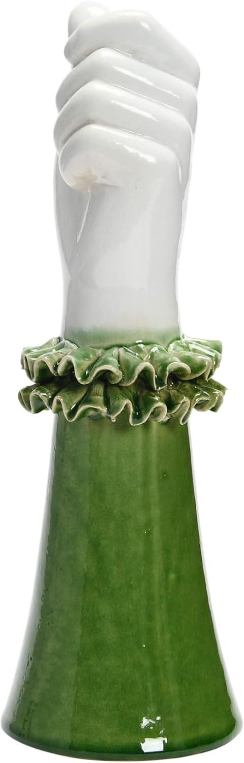 Creative Co-Op Stoneware Hand Vase with Ruffled Shirt Sleeve, Green and White