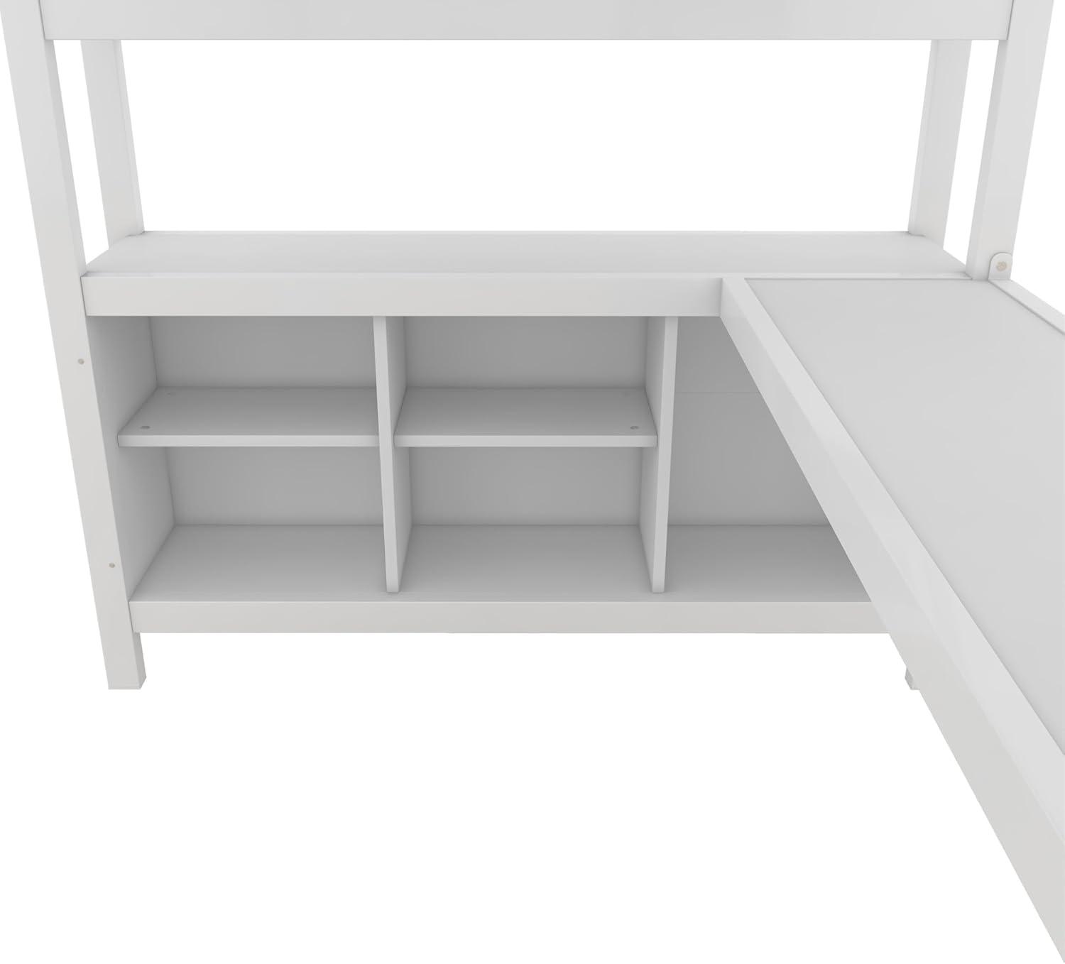 Full Size Metal Loft Bed with Wardrobe and L-Shaped Desk, Heavy-Duty Loft Bed with Storage Cubes and Shelves, White - ModernLuxe