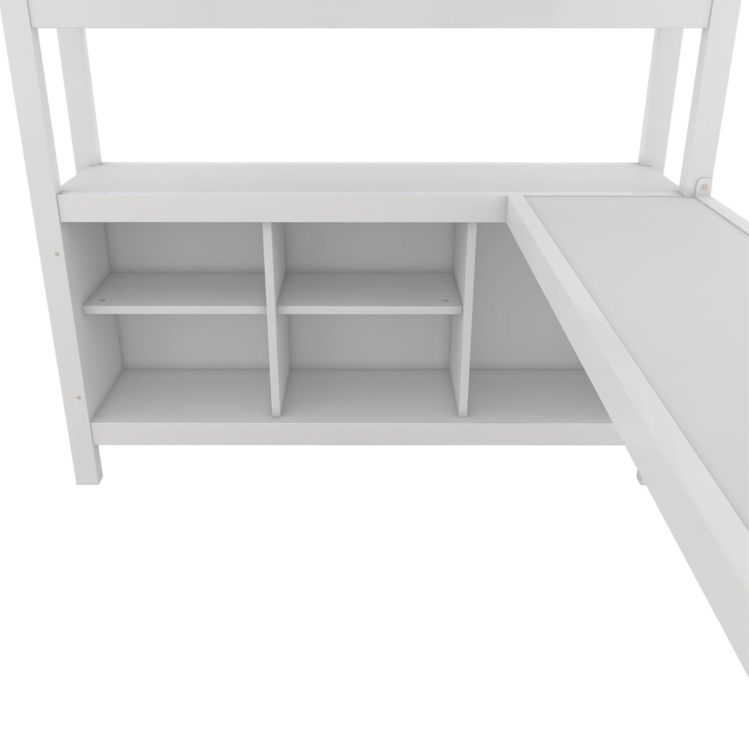 Full Size Metal Loft Bed with Wardrobe and L-Shaped Desk, Heavy-Duty Loft Bed with Storage Cubes and Shelves, White - ModernLuxe