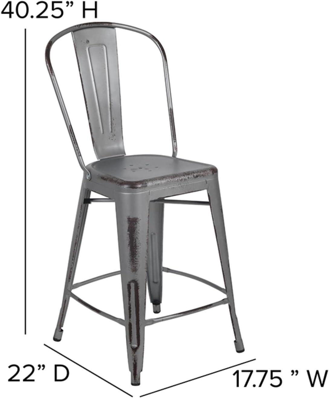 Flash Furniture Commercial Grade 24" High Distressed Silver Gray Metal Indoor-Outdoor Counter Height Stool with Back