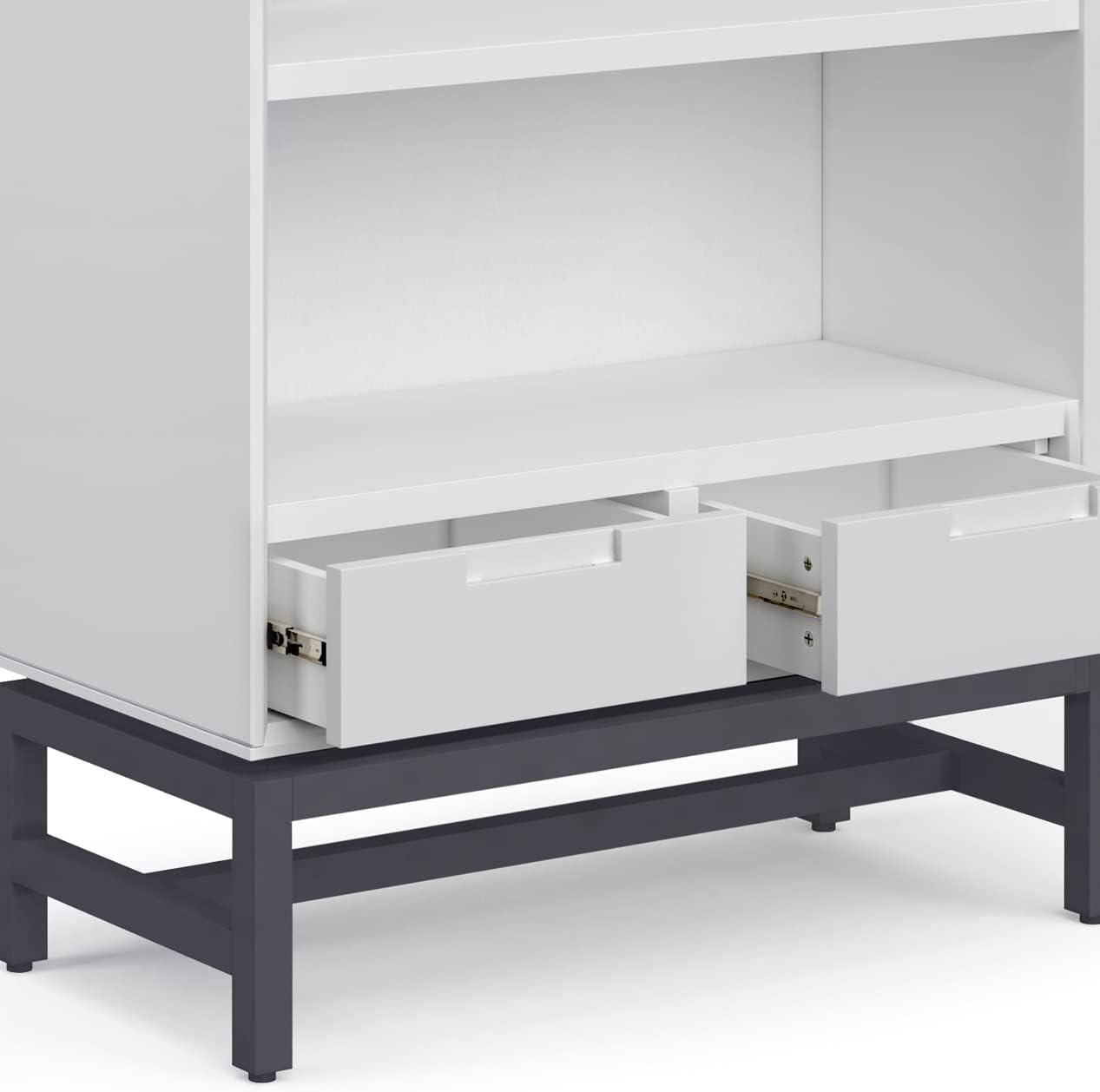 Simpli Home Banting 30"W Solid Wood 4 Shelf Industrial Bookcase with 2 Drawers, Adjustable Shelves, and Metal Base