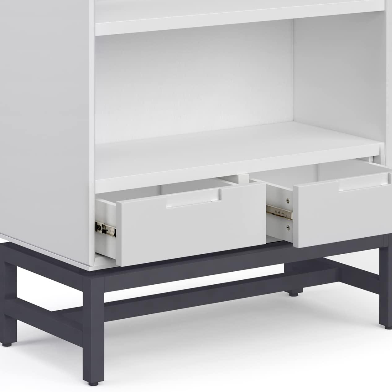 Simpli Home Banting 30"W Solid Wood 4 Shelf Industrial Bookcase with 2 Drawers, Adjustable Shelves, and Metal Base