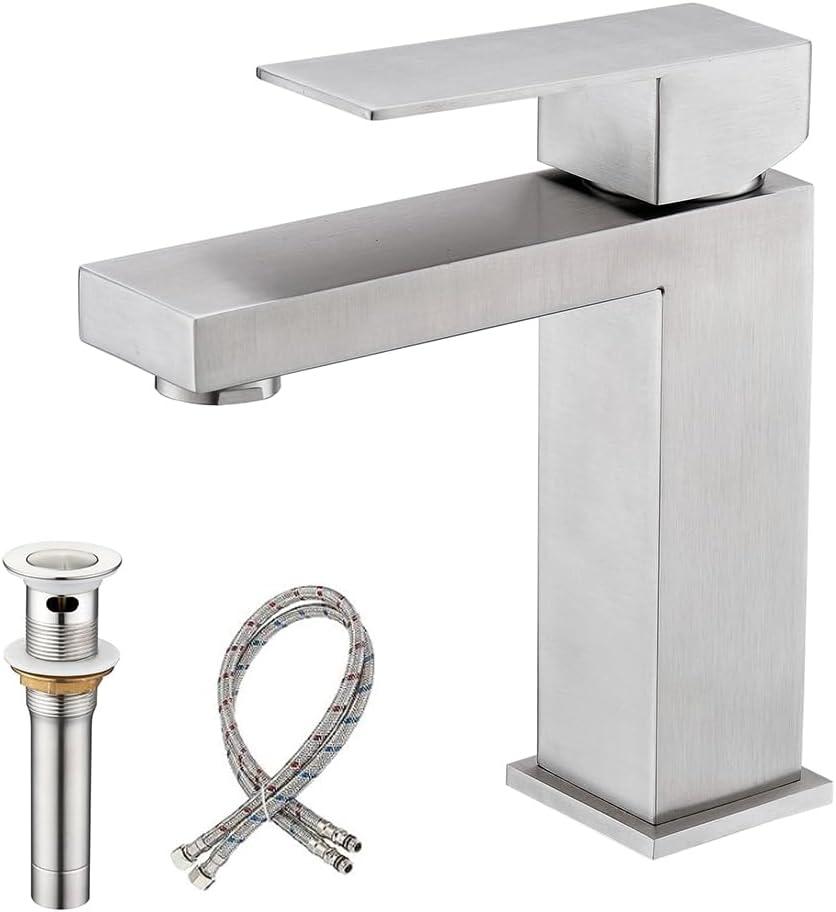 Brushed Nickel Single Handle High Arc Bathroom Faucet with Drain Kit