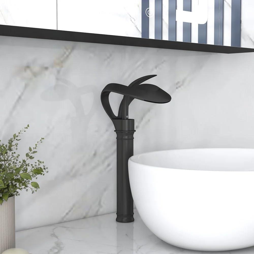 Tall Black Brass Waterfall Single Handle Bathroom Faucet
