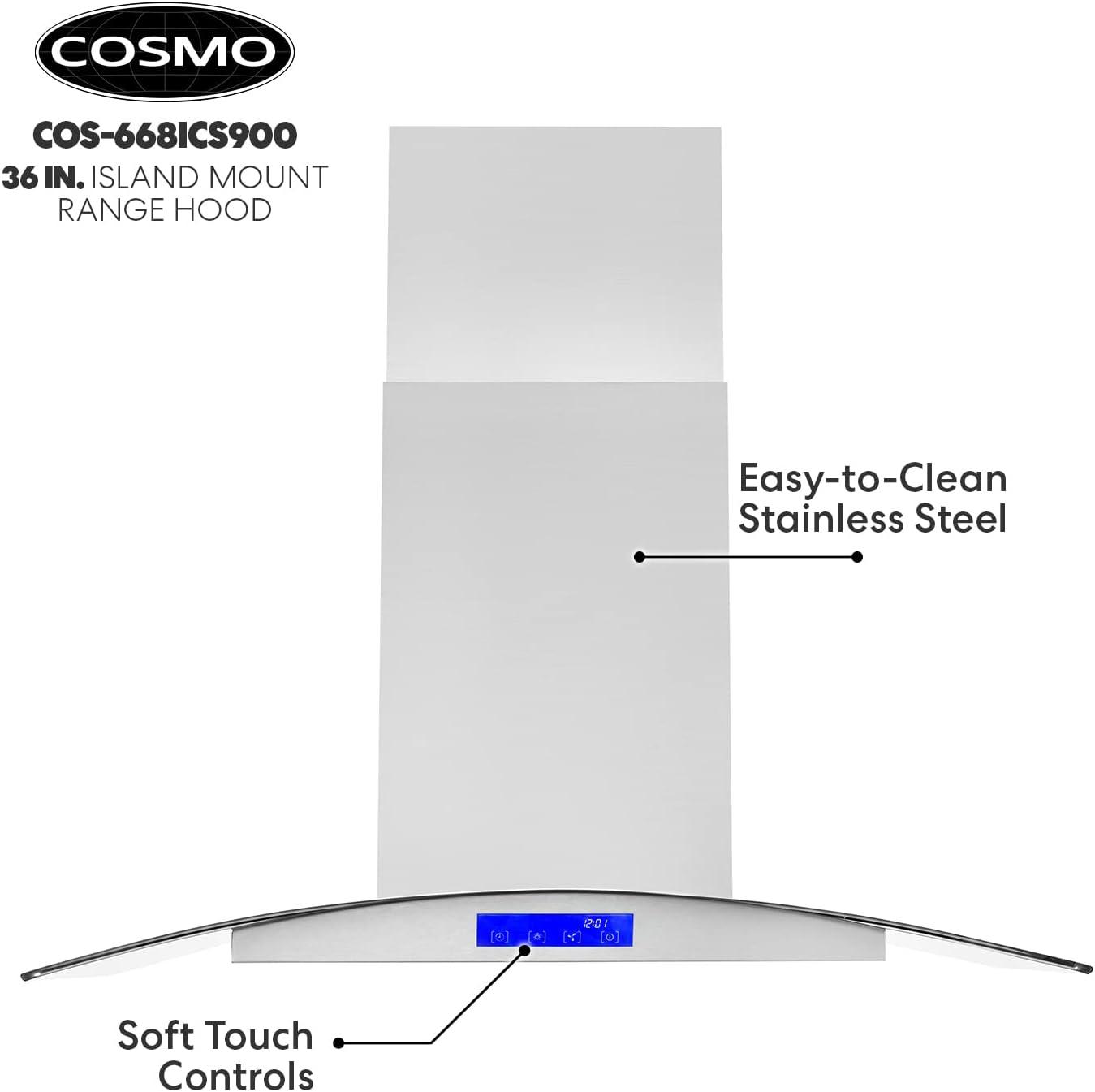 Cosmo COS-668ICS900 36 Inch Island Range Hood w/ Touch Controls, Stainless Steel