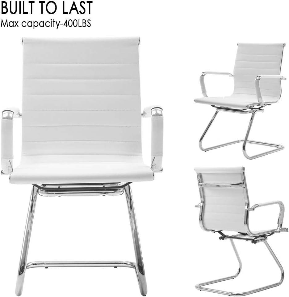 Guyou Modern Mid Back Office Guest Chair Set of 2, Faux Leather Reception Chair Computer Chair with Armrests and Metal Sled Base for Meeting/Waiting/Conference Room, No Wheels, White