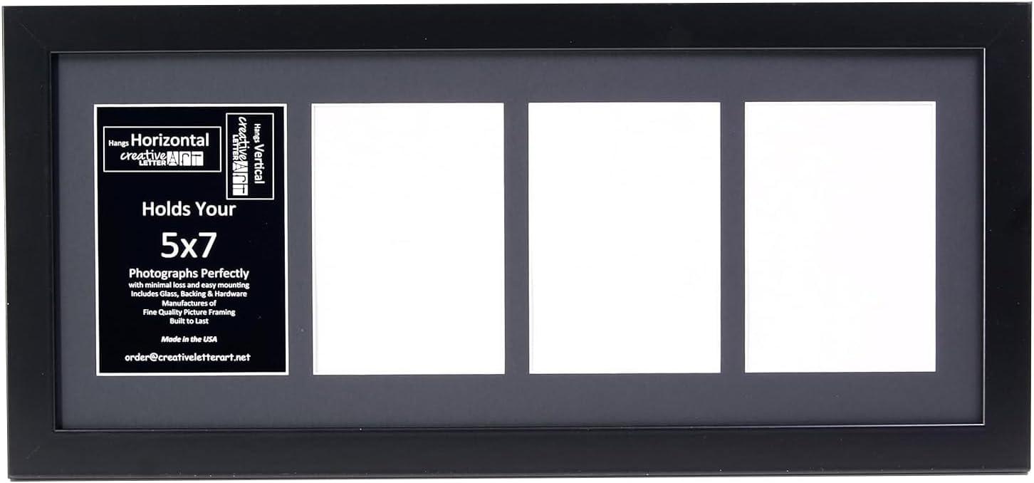 Creative Letter Art - 4 Opening 5x7 Black Picture Frame with 10x24-inch Black Mat Collage including Full Strength Glass, Alphabet Photography