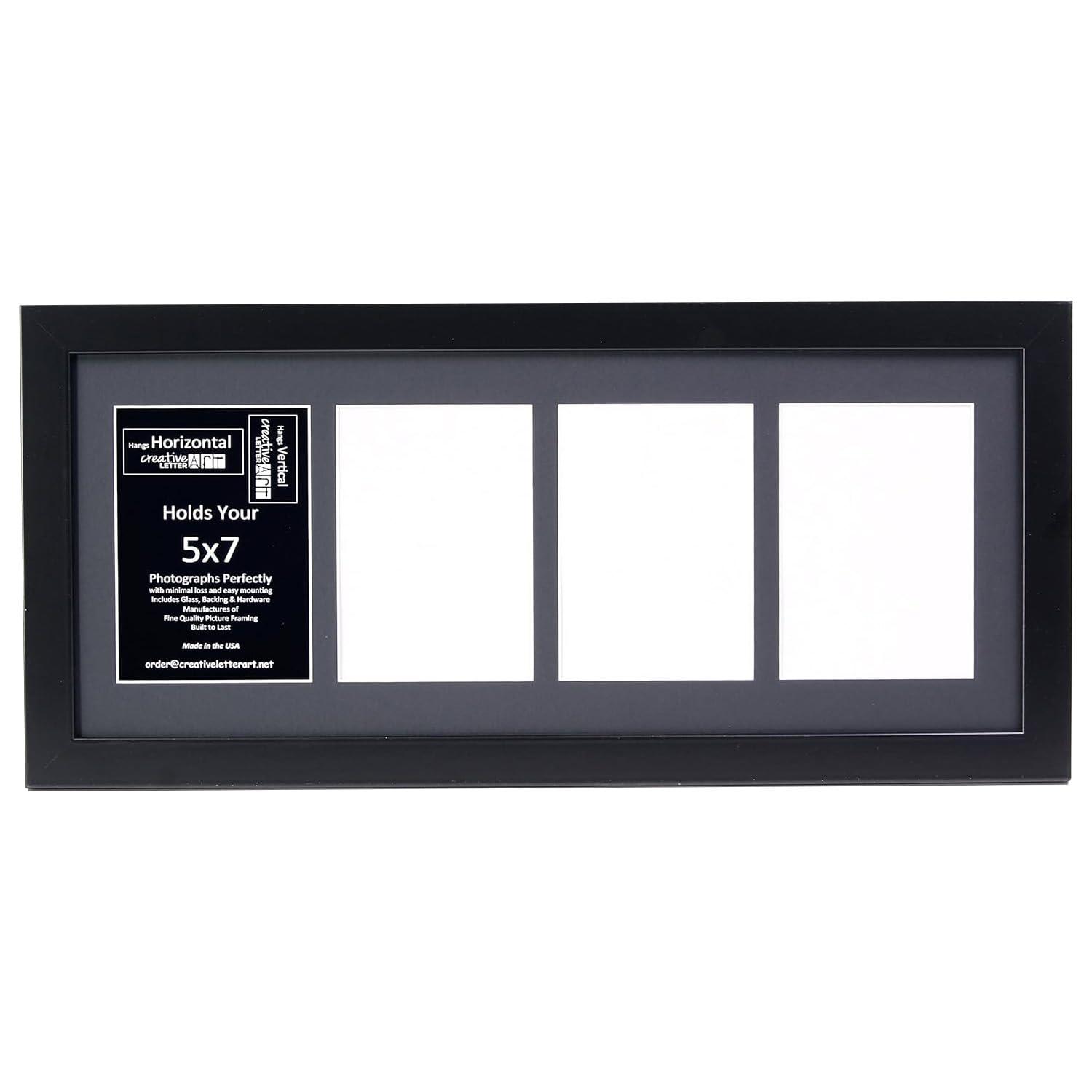 Creative Letter Art - 4 Opening 5x7 Black Picture Frame with 10x24-inch Black Mat Collage including Full Strength Glass, Alphabet Photography