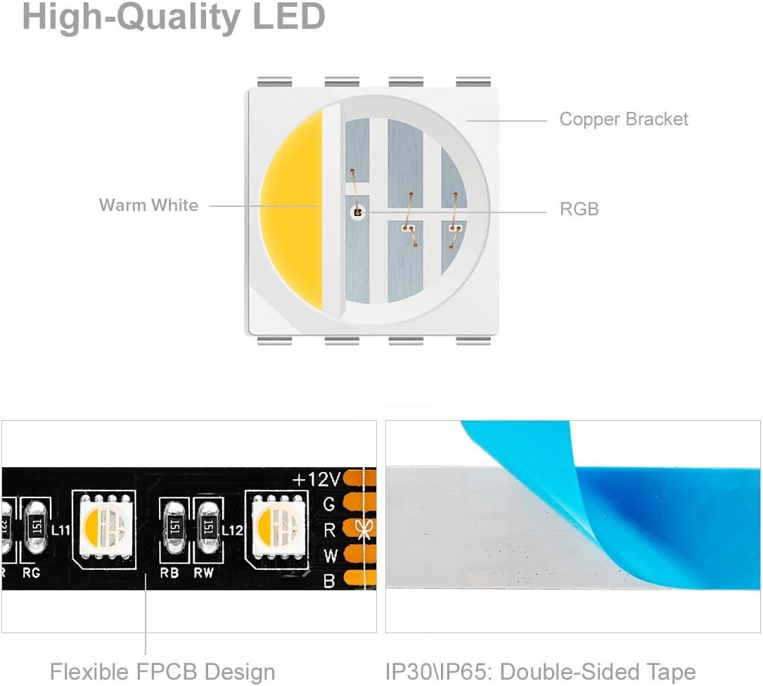 BTF-LIGHTING 5050 RGBW RGB+Warm White(2700K-3000K) 4 Colors in 1 LED Tape Light DC12V 5m 16.4ft 60LED/m Multi-Colored IP30 Black 12mm PCB for Bedroom Kitchen Home Decoration(No Adapter or Controller)