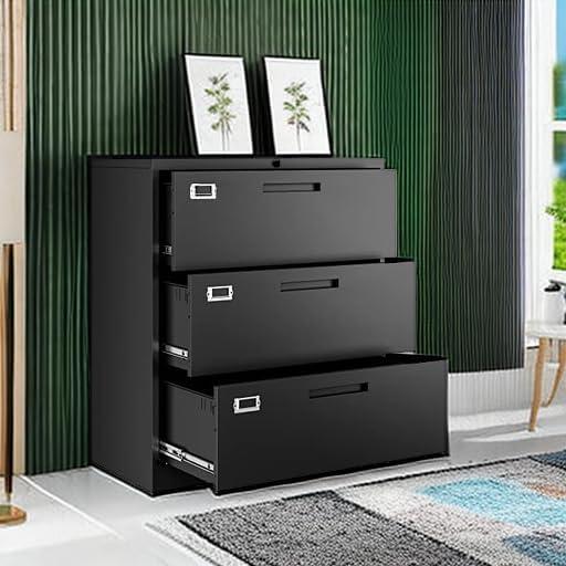 Letaya Lateral 3 Drawer File Cabinets with Lock, Metal Filing Storage Vertical Cabinets,Home Office Furniture for Organization Hanging Letter/Legal/F4/A4(Black)