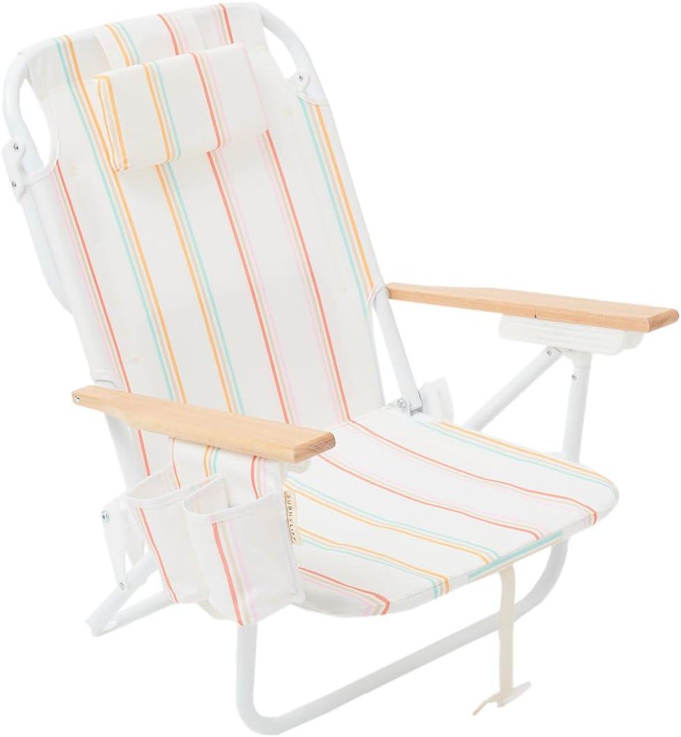 Rio Sun Multi Stripe Folding Beach Chair with Wooden Arms