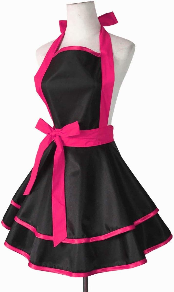 Hyzrz Lovely Handmade Cotton Retro Black Aprons for Women Girls Cake Kitchen Cook Apron for Mother's Gift (Red Rose)
