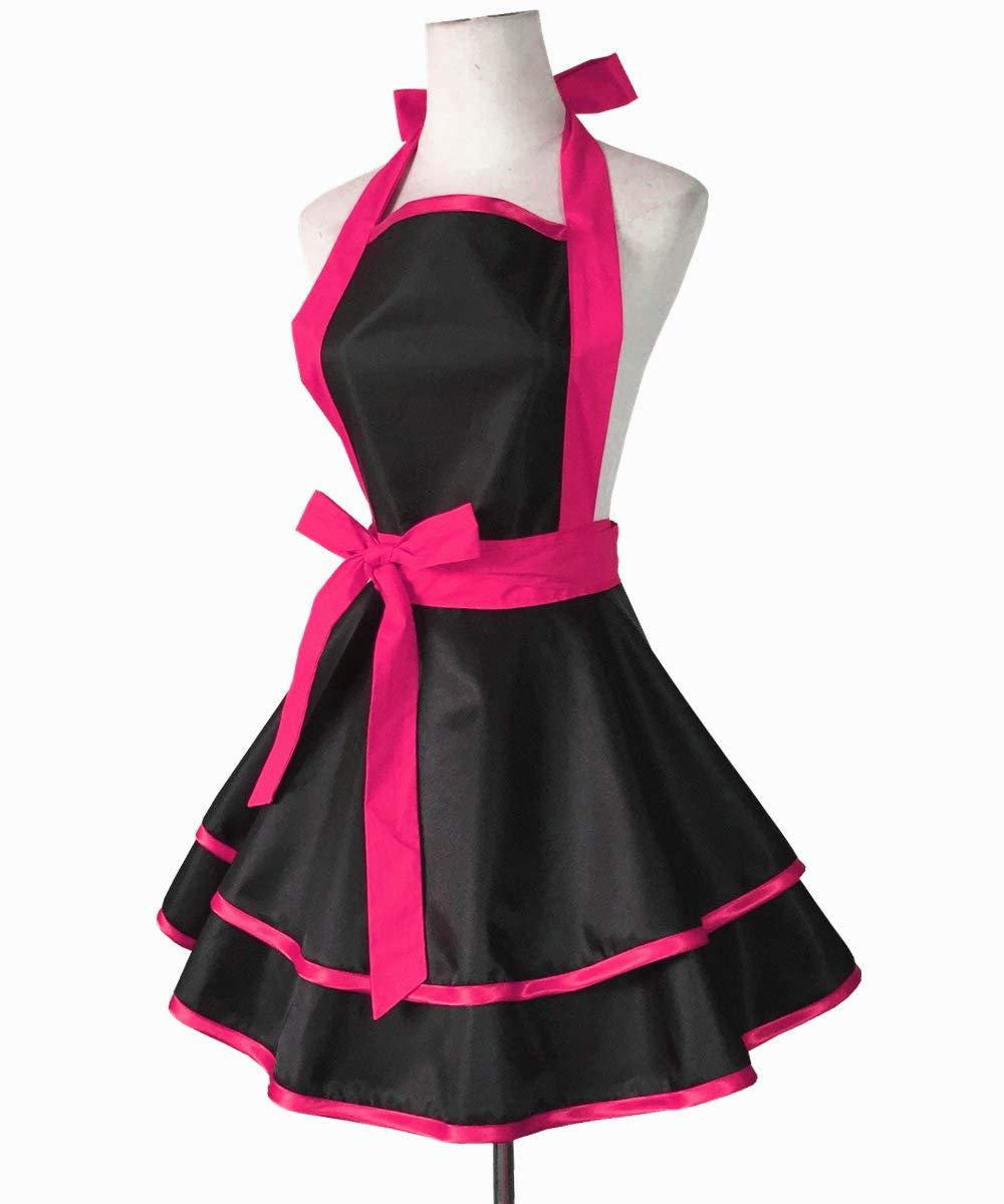 Hyzrz Lovely Handmade Cotton Retro Black Aprons for Women Girls Cake Kitchen Cook Apron for Mother's Gift (Red Rose)