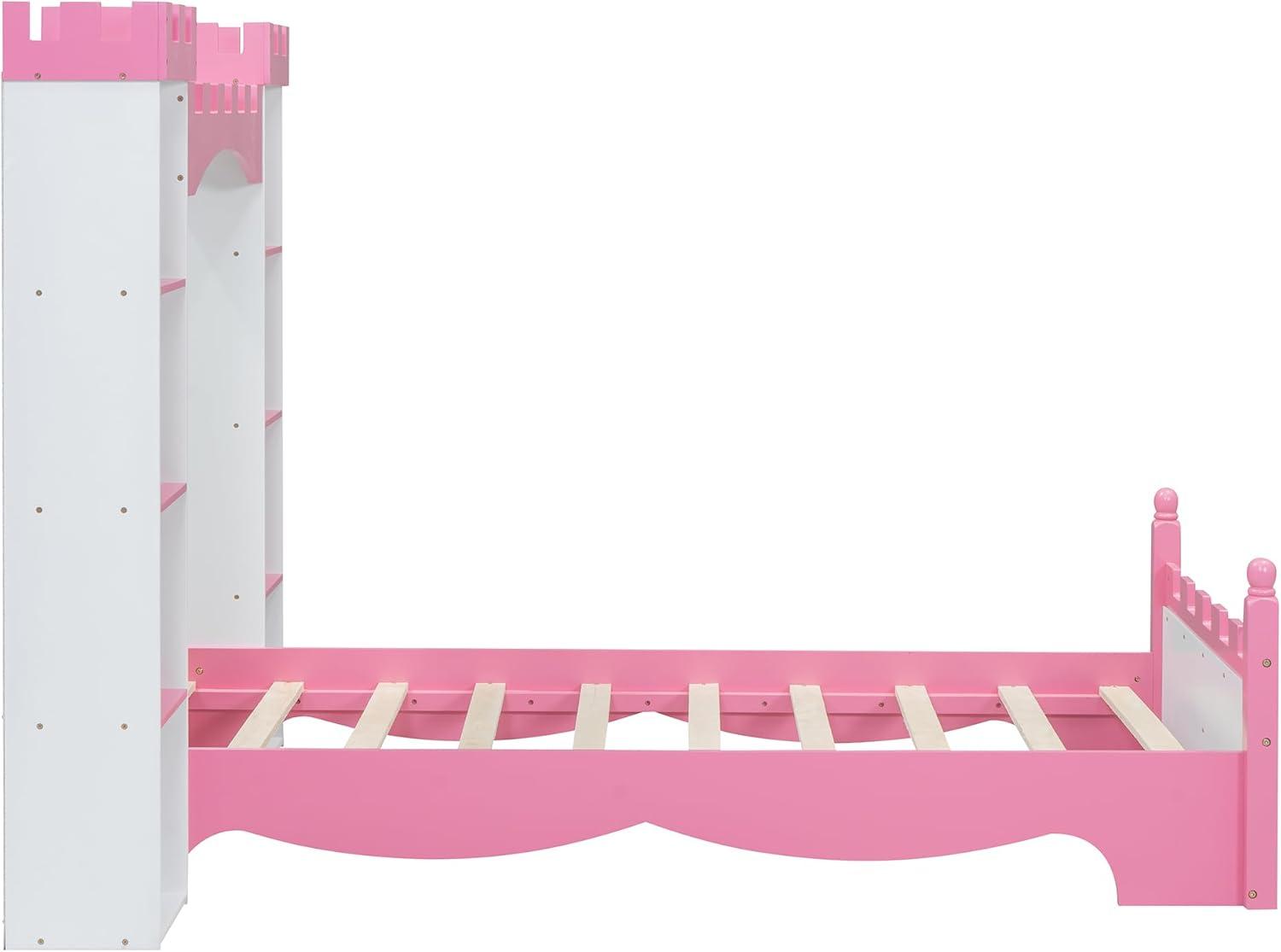 SOFTSEA Twin Size Platform Bed with Storage Shelves, Castle Shaped Bed for Kids, Twin Size Princess Bed for Girls, Kids Twin Bed Frame, No Box Spring Needed, White