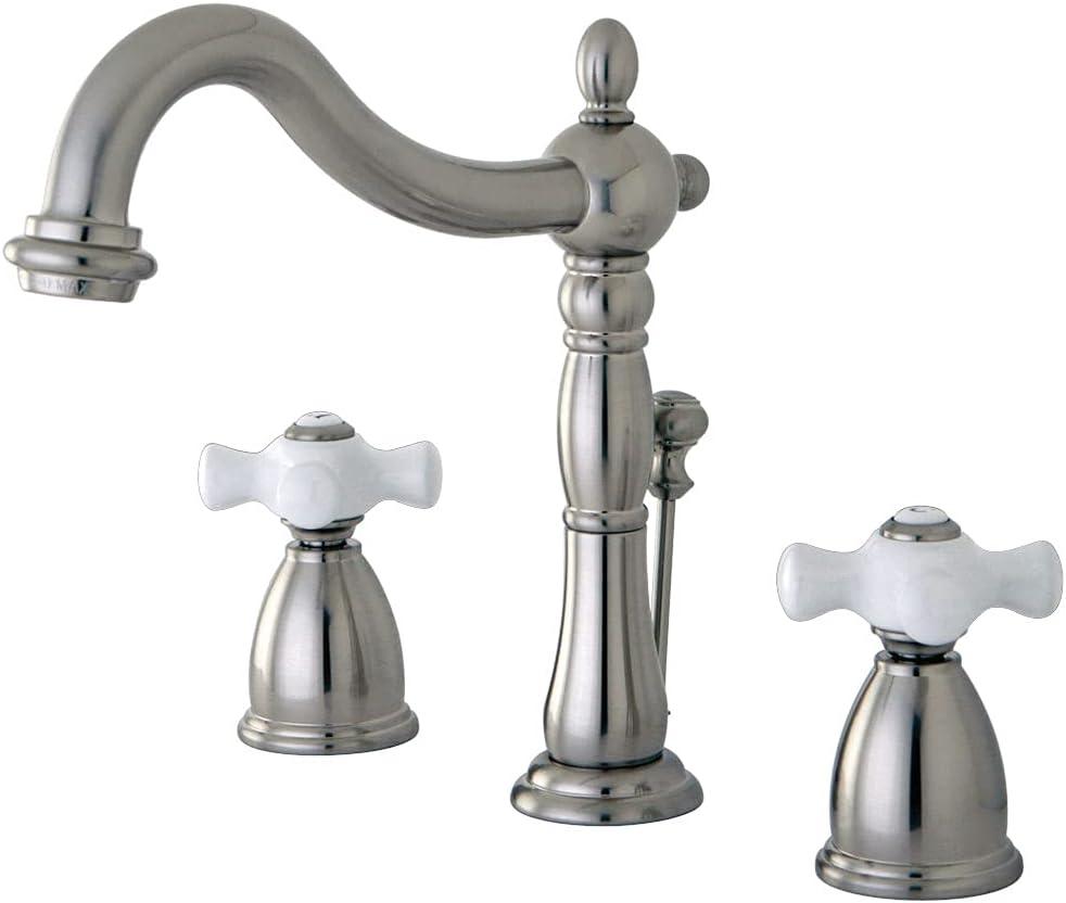 Kingston Brass Heritage Two-Handle 3-Hole Deck Mount Widespread Bathroom Faucet with Pop-Up Drain