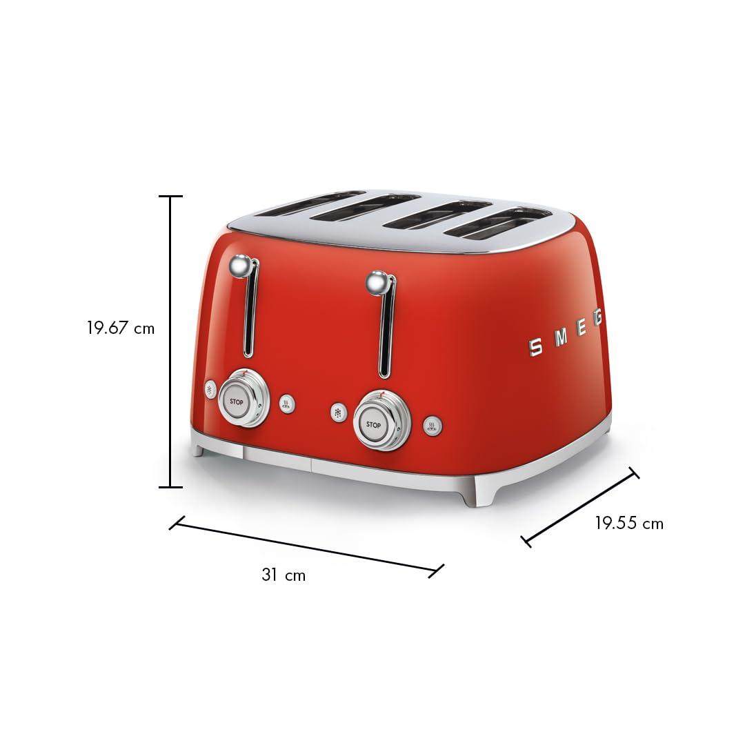 Smeg 50's Style Retro Aesthetic 4 Slice Toaster 6 Presets Extra Wide Slots Red TSF03RDUS