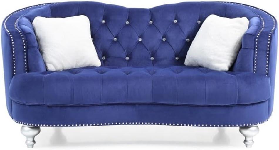 Blue Velvet Tufted Loveseat with Nailhead Trim