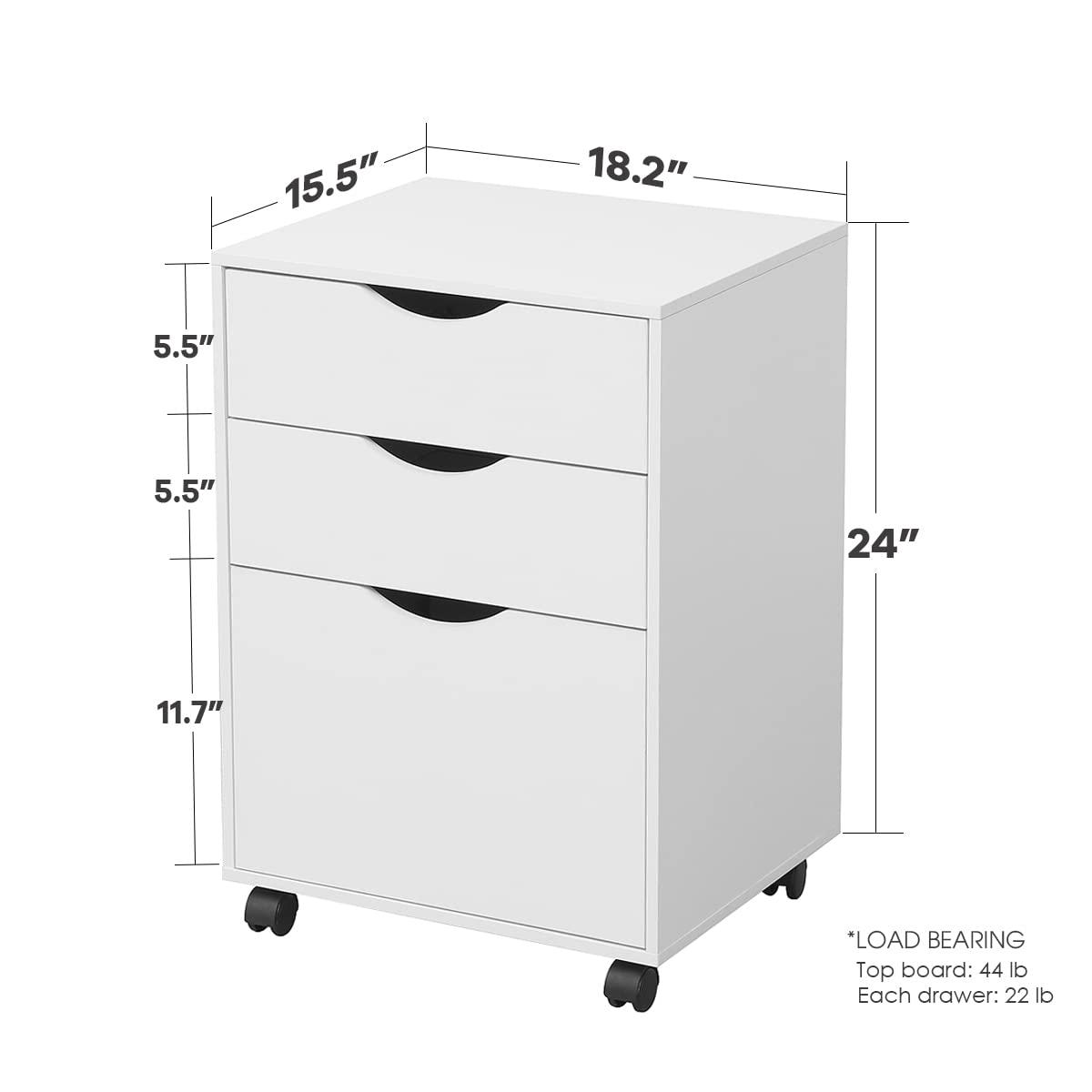 3 Drawers Storage Cabinet, Wooden Mobile Filing Cabinet for Mini Printer Stand, with Lockable Casters, for Home Office (3-Drawers, White)