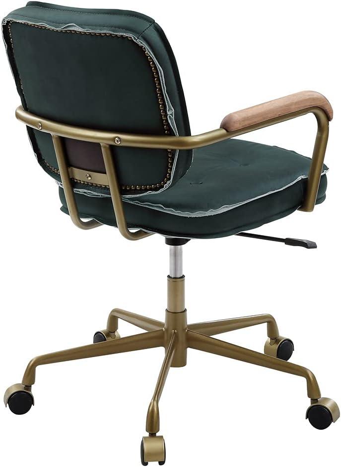 Industrial Top Grain Leather Swivel Office Chair, Adjustable Height Computer Chair with Wooden Armrest and 5-Stars Metal Base, Upholstered Task Chair Armchair with Ergonomic Bakcrest, Emerald Green