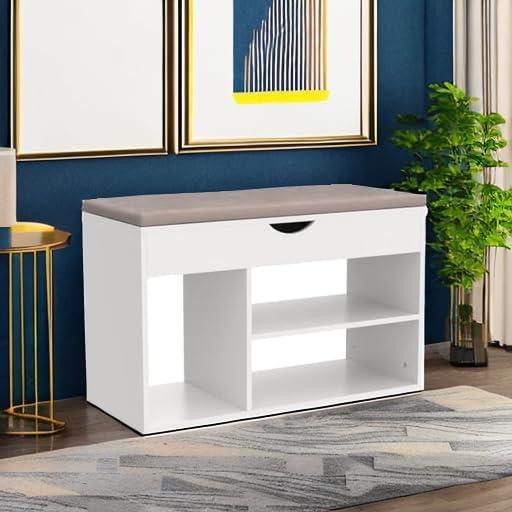 Apicizon 31 Inches Storage Bench, Shoe Bench with Flip Top Storage Space and Padded Cushion, Wooden Entryway Bench for Entryway, Living Room, 2-Tier Shoe Rack Organizer, Brown